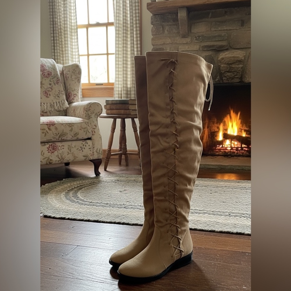 Bella Marie Chic Side Lace Up Tall Over-the-Knee Boots Taupe Sz. 7 NWT